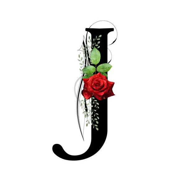 花のモノグラム 手紙J 赤バラと水彩の葉で飾られた — ストック写真