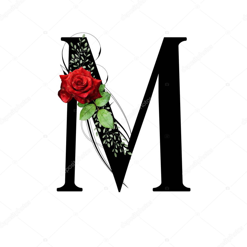 Floral monogram, letter M - decorated with red rose and watercolor leaves