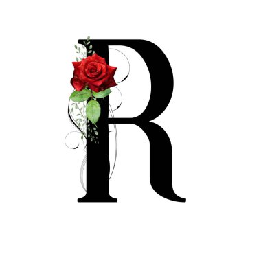 Çiçek monogramı, R harfi. Kırmızı gül ve suluboya yapraklarla süslenmiş.