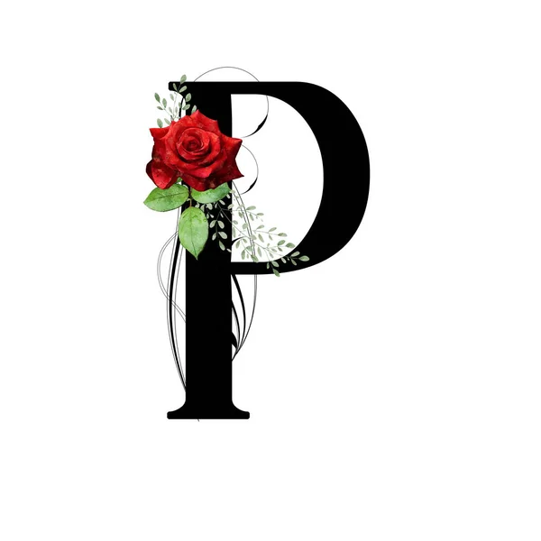 花单字 字母P 用红玫瑰和水彩叶装饰 — 图库照片