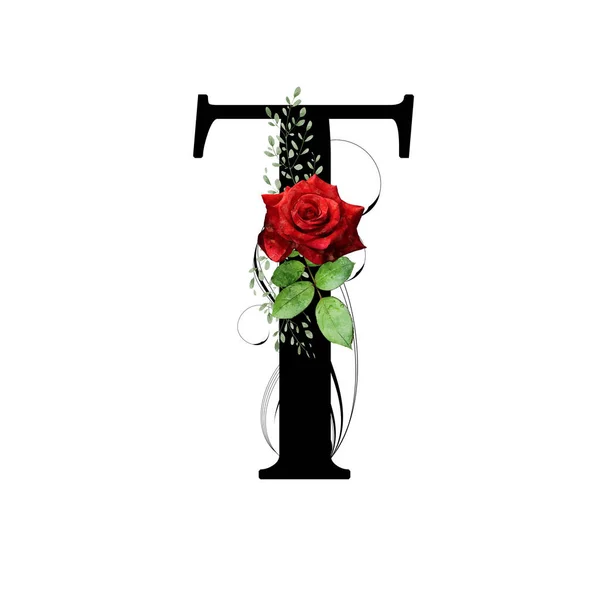 花序图 字母T 用红玫瑰和水彩叶装饰 — 图库照片