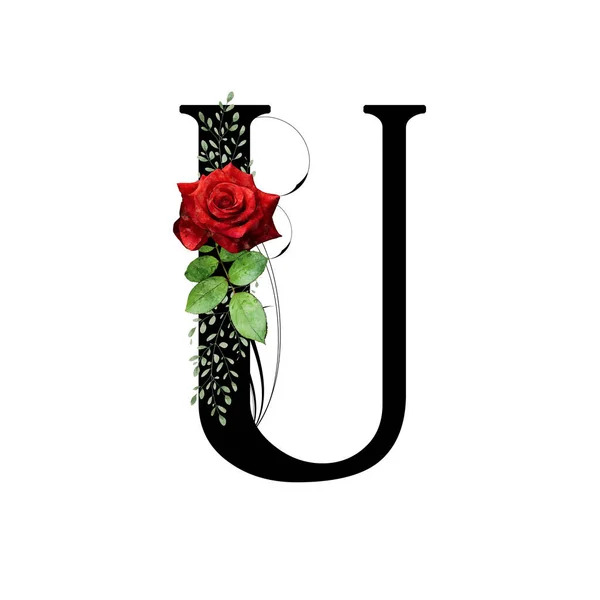 Virágos Monogram Betű Vörös Rózsával Akvarellekkel Díszítve — Stock Fotó