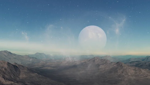 Yapılandırılmış Uzay Sanatı Uzaylı Gezegenleri Mavi Gökyüzü Bulutlu Fantezi Manzarası — Stok fotoğraf