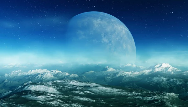 Renderizado Arte Espacial Planeta Extraterrestre Paisaje Congelado Fantasía Con Planeta — Foto de Stock