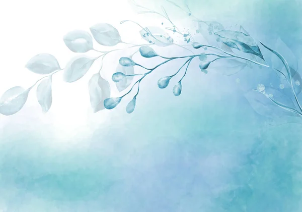 Pale Blue Leaves Botanical Design Banner Floral Pastel Watercolor Border — Stock Photo, Image