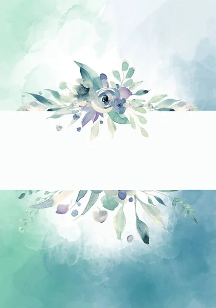 Бледно Синие Зеленые Листья Ботанический Дизайн Баннера Цветочная Пастельная Рамка — стоковое фото