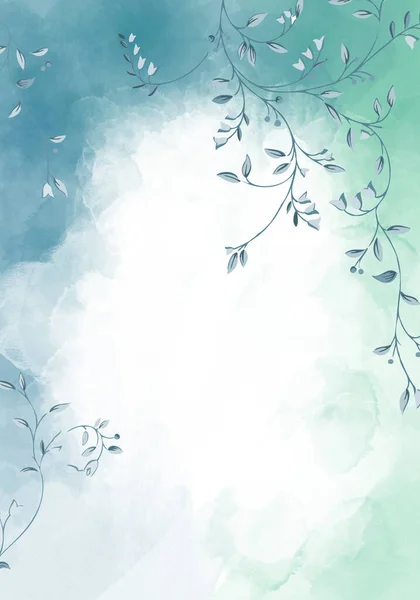 淡蓝色和绿色的叶子 植物设计横幅 植物糊状水彩画边框 — 图库照片