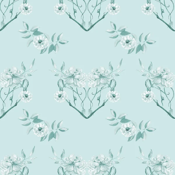 Seamless Background White Blue Floral Doodles Mint Background Luxury Pattern — Stock Photo, Image