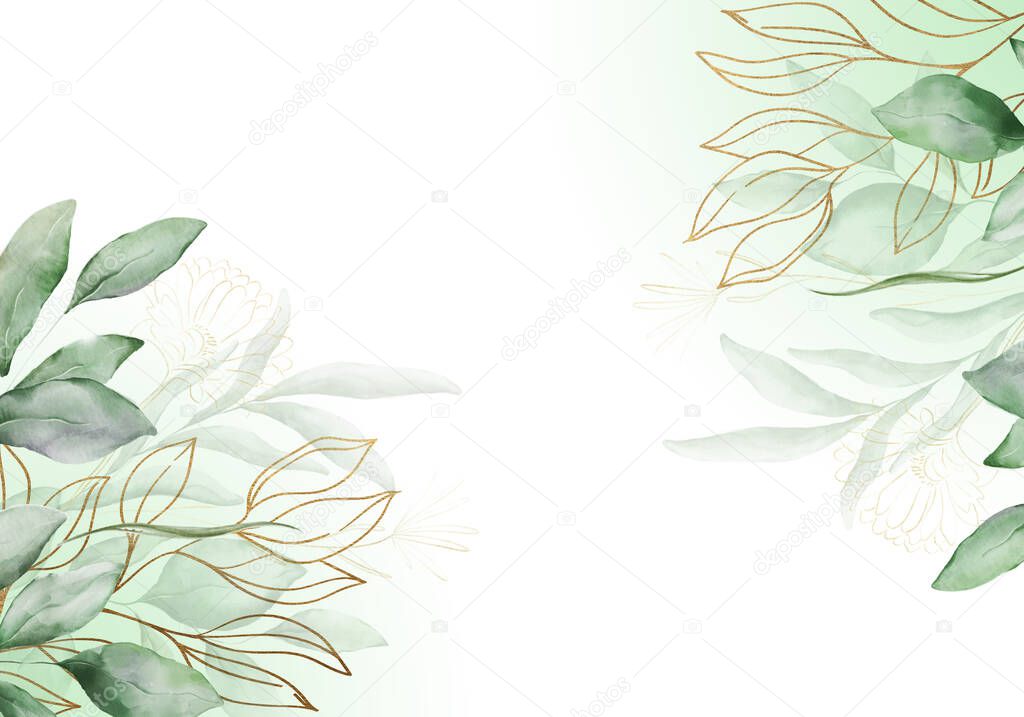 Pale leaves - botanical design banner. Floral pastel watercolor border frame.