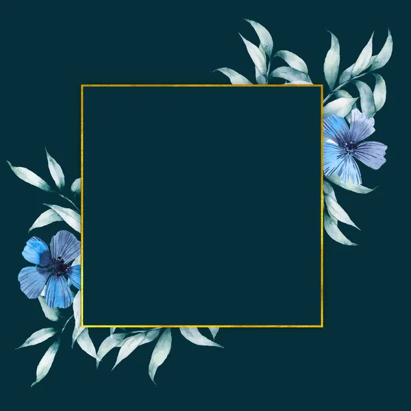 Zelené Listy Modré Květy Čmáranice Botanický Design Banner Květinová Akvarel — Stock fotografie