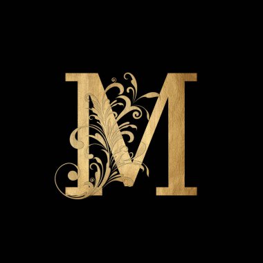 Lüks Butik Mektup M Monogram Logosu, Zarif Çiçek Tasarımlı Klasik Altın Harf