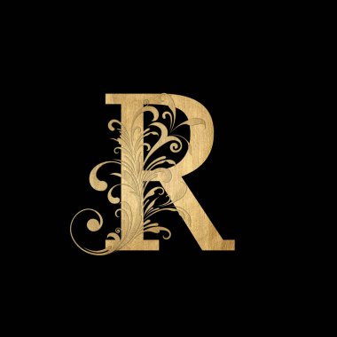Lüks Butik Mektup R Monogram Logosu, Zarif Çiçek Tasarımlı Klasik Altın Harf
