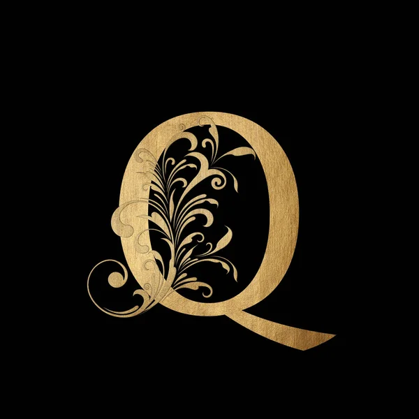 豪华精品字母Q专号标志古色古香的金字精美的花卉图案 — 图库照片