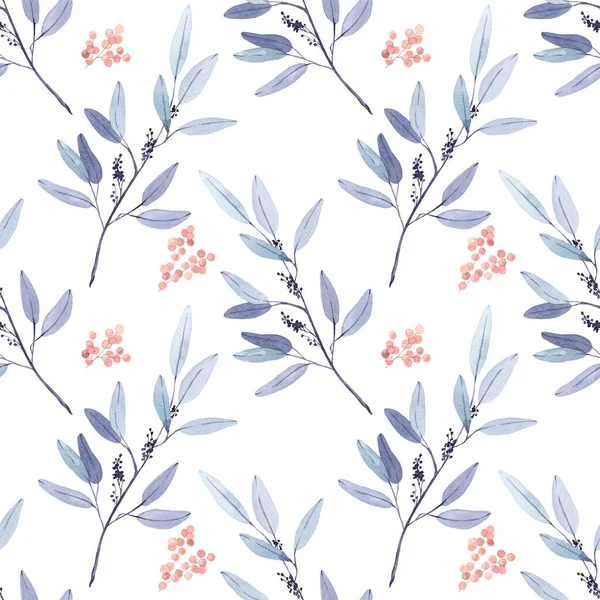 Seamless background with indigo leave and red berry doodles, white background. Luxury pattern for creating textiles, scrapbook, wallpaper, paper. Vintage. Romantic floral Illustration