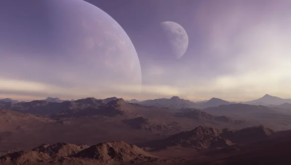 Рендеринг Space Art Alien Planet Фантастичний Пейзаж Планетами Горизонті — стокове фото
