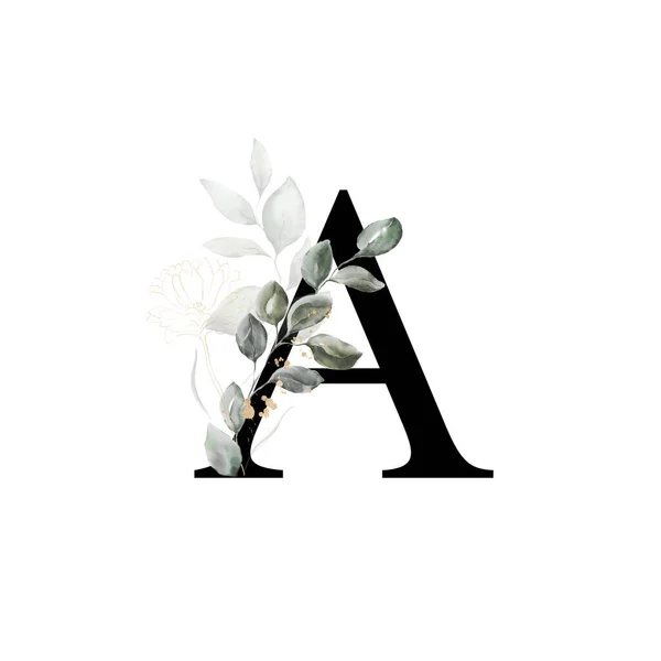 大文字金色の花や葉で飾られた 花の装飾と英語のアルファベットの手紙 緑の葉 — ストック写真