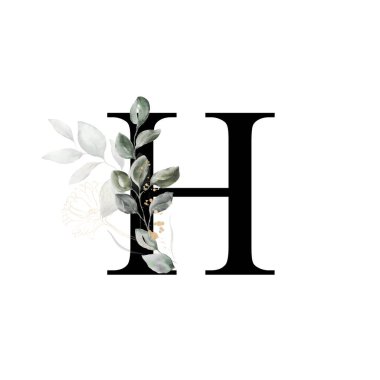 Büyük harf H, altın çiçek ve yapraklarla süslenmiş. Çiçek süslemeli İngiliz alfabesi. Yeşil yaprak.
