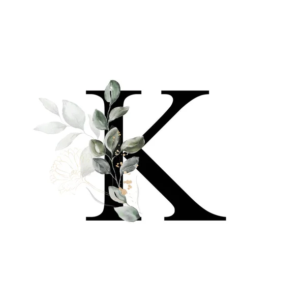 金の花や葉で飾られた大文字K 花の装飾と英語のアルファベットの手紙 緑の葉 — ストック写真