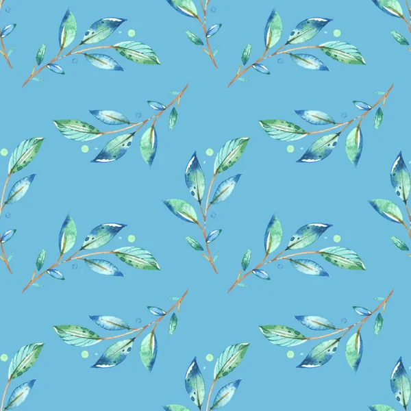 緑の葉のドア 青の背景とシームレスな背景 スクラップブック 紙を作成するための豪華なパターン ヴィンテージ ロマンチックな花のイラスト — ストック写真