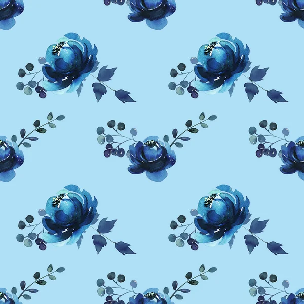 Seamless Background Blue Rose Doodles Baby Blue Background Luxury Pattern — Stock Photo, Image