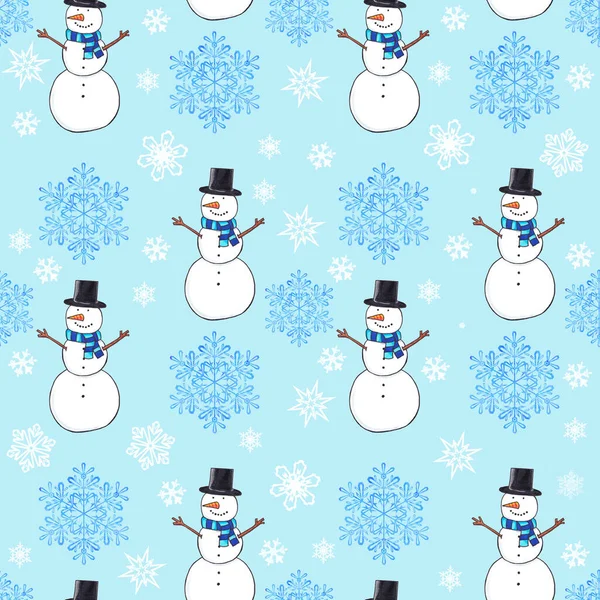 Winter Seamless Pattern Happy Snowmen Christmas Baby Blue Background — Stock Photo, Image