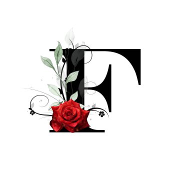 Çiçek monogramı, F harfi. Kırmızı gül ve suluboya yapraklarla süslenmiş.