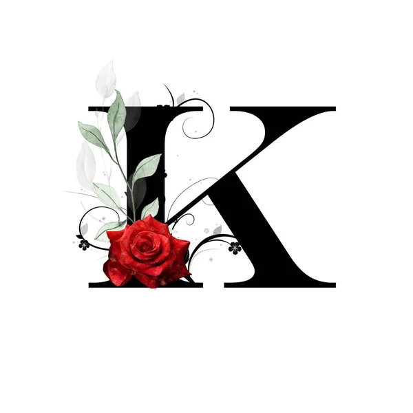 Bloemen Monogram Letter Versierd Met Rode Roos Aquarel Bladeren — Stockfoto