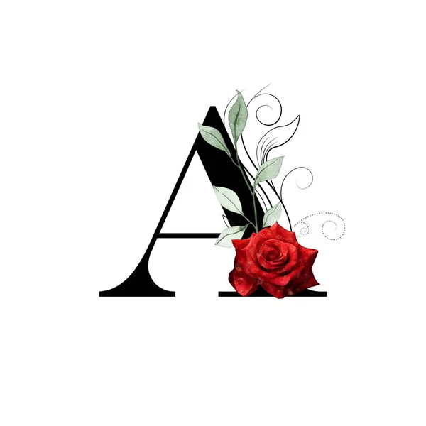 Monograma Floral Letra Decorado Con Rosa Roja Hojas Acuarela —  Fotos de Stock