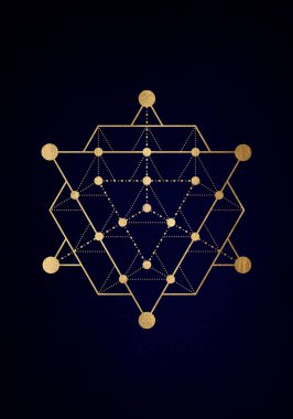 Kutsal geometri çizgisi sanat şekli posteri, el ilanı. Kraliyet mavi arka planında altın çizimler