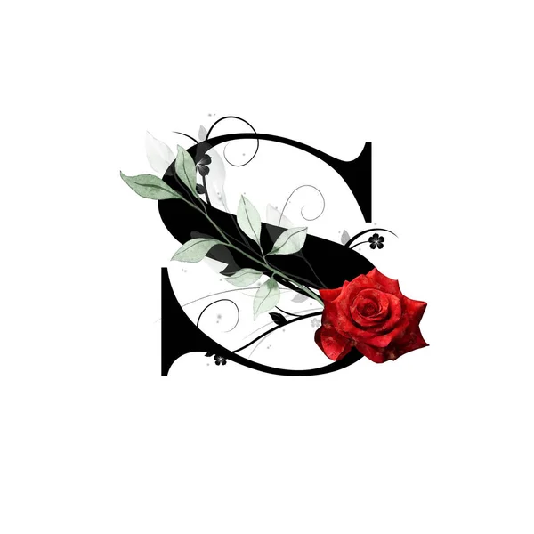 Monograma Floral Letra Decorado Com Rosa Vermelha Folhas Aquarela — Fotografia de Stock