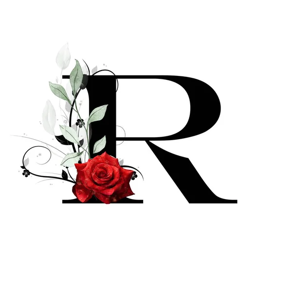 Bloemen Monogram Letter Versierd Met Rode Roos Aquarel Bladeren — Stockfoto