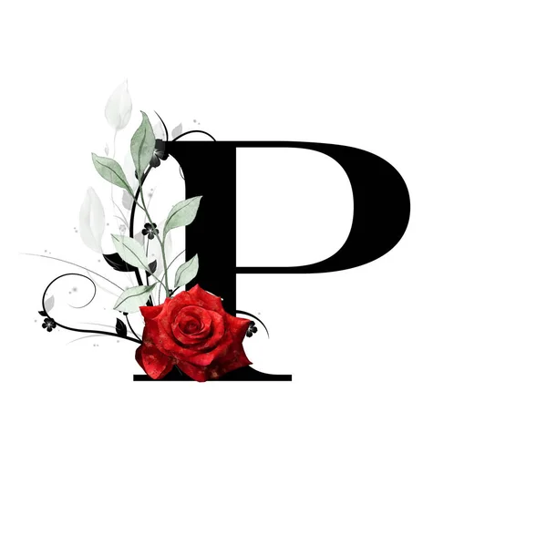 Floral Μονόγραμμα Γράμμα Διακοσμημένο Κόκκινο Τριαντάφυλλο Και Φύλλα Ακουαρέλας — Φωτογραφία Αρχείου