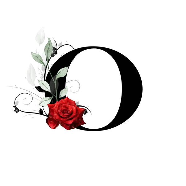 Blumenmonogramm Buchstabe Verziert Mit Roter Rose Und Aquarellblättern — Stockfoto