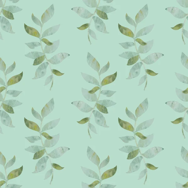 Seamless background with green leave doodles, mint green background. Luxury pattern for creating textiles, scrapbook, wallpaper, paper. Vintage. Romantic floral Illustration