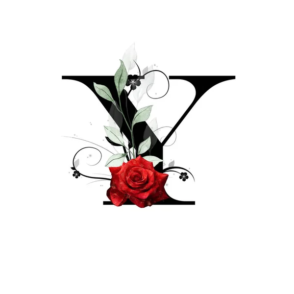 Bloemen Monogram Letter Versierd Met Rode Roos Aquarel Bladeren — Stockfoto