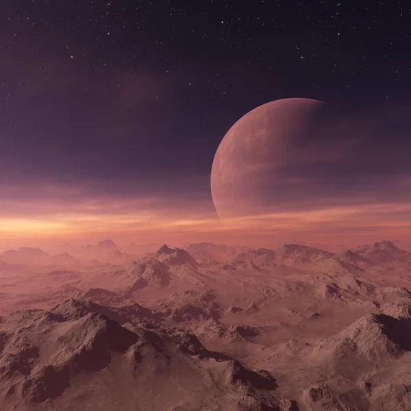 Рендеринг Space Art Alien Planet Фантастичний Пейзаж Фіолетовими Небесами Зірками — стокове фото