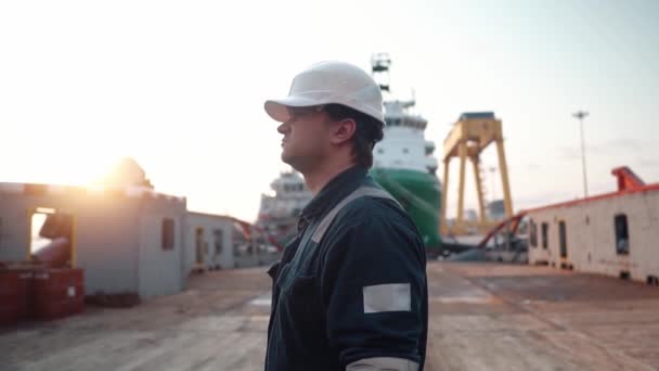 Marine Deck Officer or Chief mate on deck of offshore vessel or ship — Stock Video