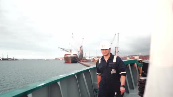 Marine Deck Officer or Chief mate on deck of offshore vessel or ship — Stock Video
