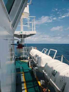 Okyanus açıklarındaki geminin güvertesinde canlılar var. LSA hayat kurtaran ekipman.