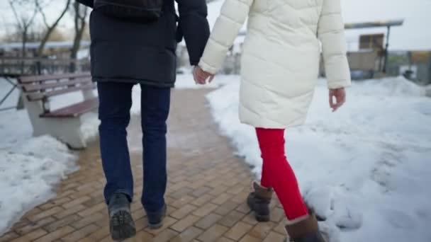 Joyeux couple romantique lors d'un rendez-vous à la journée ensoleillée d'hiver. Les émotions d'amour. — Video