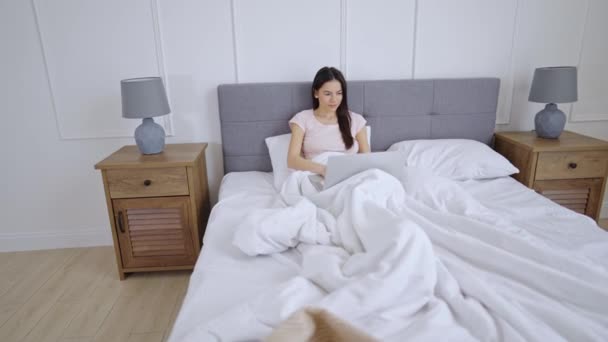 Jong meisje ligt in bed met laptop — Stockvideo