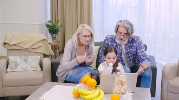 Бабусі і дідусі дивляться на ноутбук і розмовляють, допомагаючи маленькій дівчинці онуці зі шкільним домашнім завданням — стокове відео