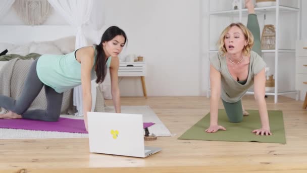 Yoga eğitmeni ve dizüstü bilgisayarda video izleyen genç bir kadın. — Stok video