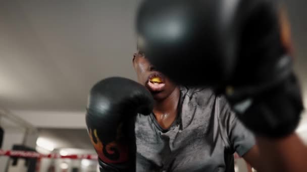 Retrato esportivo motivacional do homem africano boxeador dando socos durante o treinamento em boxe — Vídeo de Stock