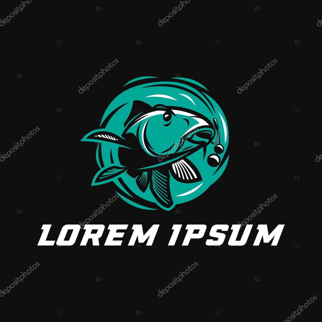 Fishing Club Logo Template. Two Fish and Hook Silhouette Isolated On Black Background. Vector object for Labels, Badges, Logos. Fish Logo, Fisher Logo, Fish Silhouette, Hook Silhouette.