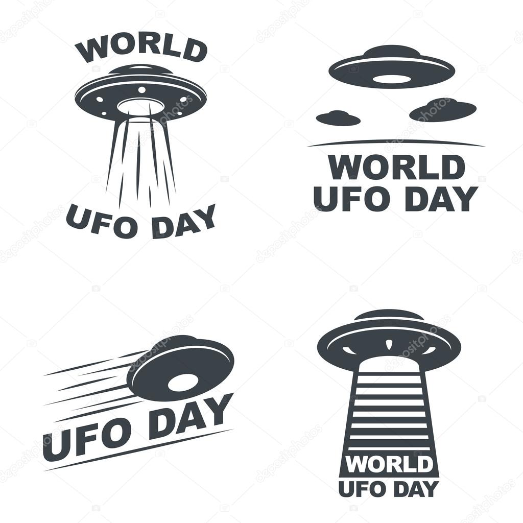 World UFO Day. Vector set of four emblems. EPS10 Vector.