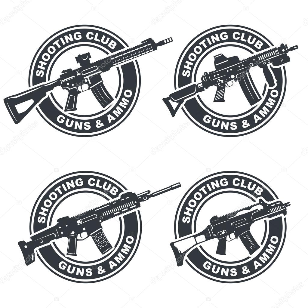 Set of shooting club emblem, badges, logos illustration. With assault rifles. Vector EPS10.