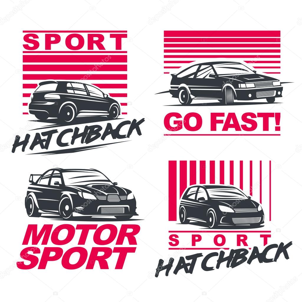 Set of four sport cars logo, badge illustration on white background. Drift, Drag racing, Tuning, Motor Sport. Vector EPS 10.