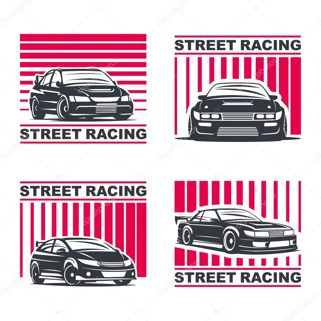 Set of four sport cars logo, badge illustration on white background. Drift, Drag racing, Tuning, Motor Sport. Vector EPS 10.