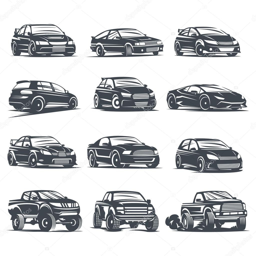 Set of four sport cars logo, badge illustration on white background. Drift, Drag racing, Tuning, Motor Sport. Vector EPS 10.